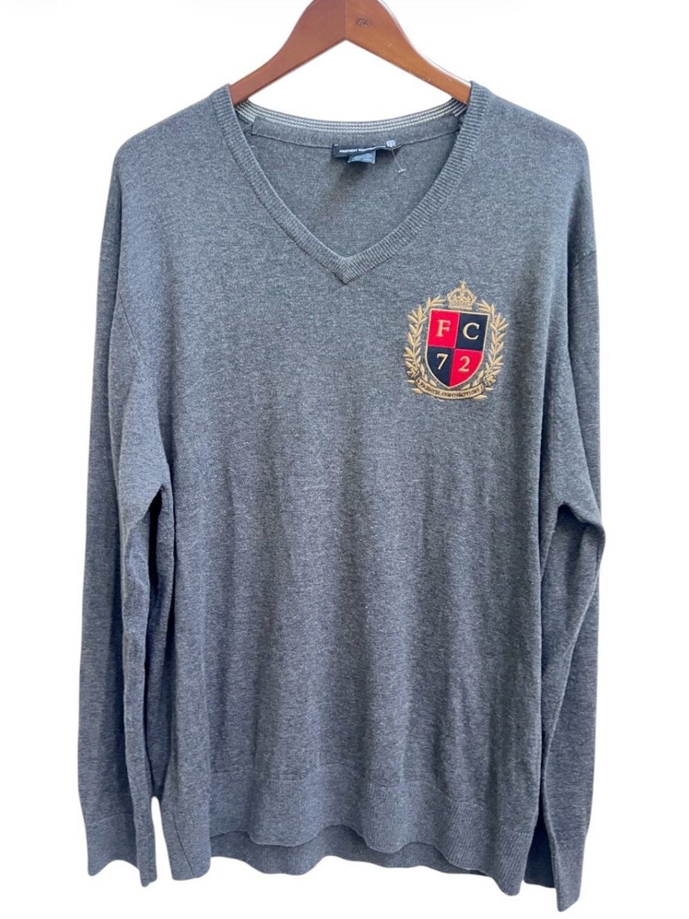 Men's French Connection Lightweight V-Neck Grey Sweater Sz XXL Crest Embroidered